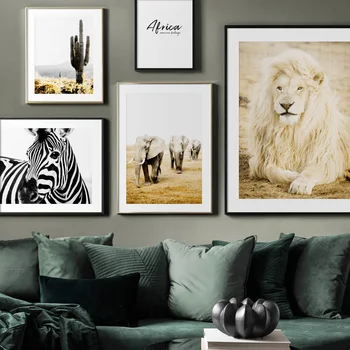 Aafrika Lõvi, Elevant, Kaelkirjak Zebra Cactus Põhjamaade Plakatid Ja Pildid Seina Art Lõuend Maali Seina Pildid Living Home Decor