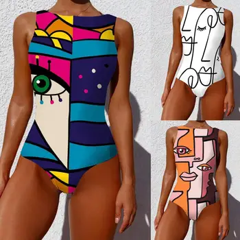 Abstraktne Cartoon Prindi Monokini Seksikas Naiste Varrukateta bodysuit Bikinis Naiste Sexy Ühes Tükis Ujumistrikoo Playsuit Naine Bodysuits