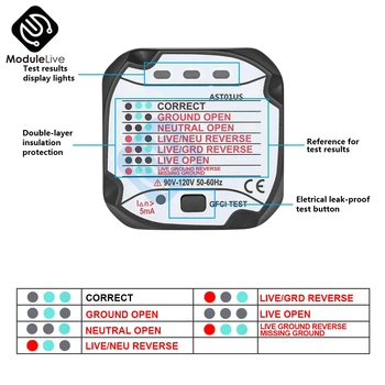AST01 Pistikupesa Võimsus Tester Pro Outlet Detektor RCD GFCI Test Väljavool Maapinnale Live Null Rida Polaarsus Etapp Kontrollige Pinge Vahend HT106