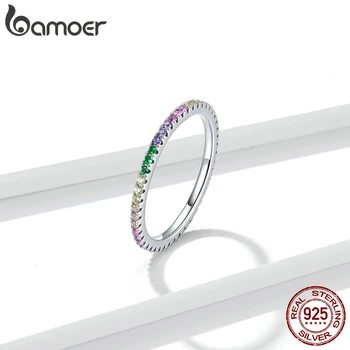 Bamoer 2021 Autentne 925 Sterling Silver Rainbow CZ sõrmustes Naiste Trendikas Virnastatav Pulm Ehteid Multi-suurus GXR583
