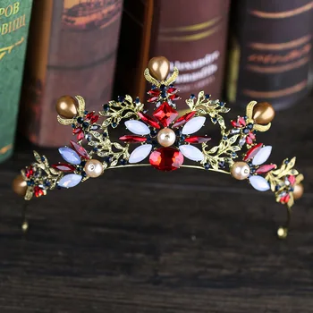 Barokk Vintage Punane Kristall Helmed Morsiamen Tiaras Crown Royal Queen Rhinestone Võistlused Crown Pulm Juuste Aksessuaarid Naistele