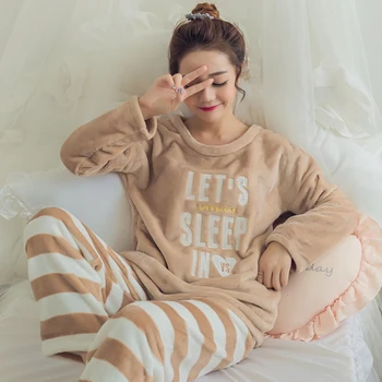Cartoon zebra pajamas set Women Thicken Coral fleece Sleepwear Pijama Autumn Winter Girls Sweet Home Pyjamas suit WHX03
