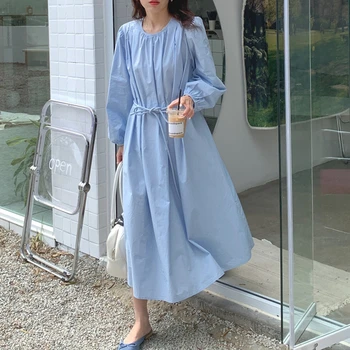 Colorfaith Uus 2021 Naiste Suvel Autunm Kleidid Liiga Kõrge Vöökoht Minimalistliku Stiili korea Lace Up Elegantne Pikk Kleit DR611