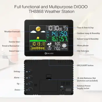 DIGOO DG-TH8868 LCD Color ilmajaamas Väljas Remote Sensor Termomeeter Niiskus Sunrise Sunset Kalender Kordus Kell
