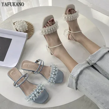 Fashion Square Crystal Kontsad Pearl Naiste Sandaalid 2020 Pits Ruffles String Rant Kõrged Kontsad Avatud Varvas Haldjas Stiilis Naiste Sussid