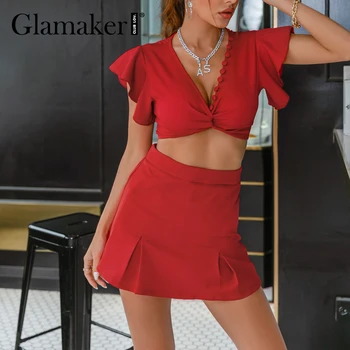 Glamaker Punane kahe töö sobiks Ruffles naiste mood crop top ja on-line lühikesed püksid Elegantne seksikas vintage suvel playsuits 2021 uus