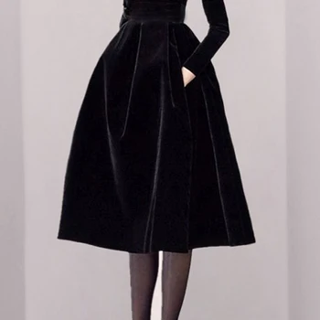 Hepburn Must Elegantne Pool Kleit Pall Kleit Pikk Midi Kleit Vintage Kõrge Vöökoht Kevadel Samet Kleit Pluss Suurus Kõrge Kaelusega B852