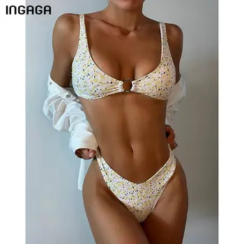 INGAGA Push Up Bikinis Naiste Ujumistrikood Thong Supelrõivad Metallist Rõngas Biquini 2021 Uus Trükkimine ujumispüksid Suvel Beachwear