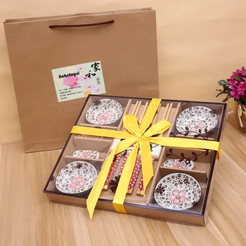 Jaapani Stiilis Cherry Blossom Keraamiline Sushi Roogasid Sashimi Soysauce Roog Dinnerware Set Lauanõude Komplekt kinkekarbis (12tk/Set)