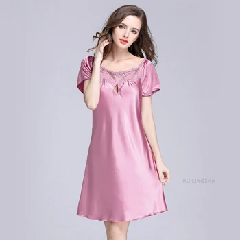 Kevadel Silk Satin Nightgowns Sleepshirts Seksikas Pluss Suurus Ümber Kaela Pijamas Naiste Suvel Pits Tikand Homewear Magab Tops