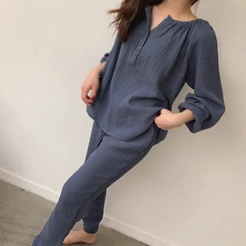 Korea Puuvill Line Kodu Ülikond Naiste Tahke Vintage Sleepwear Pehme Pidžaama Komplekt Magus Lahti Nupud Lace Up Pikad Püksid Vedada Osaline Komplekt