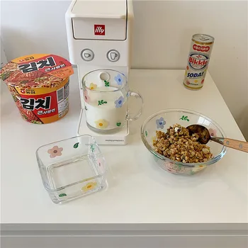 Korea Style Värske ja Armas Lill Klaas Kauss hommikusöögihelveste Salat Kaussi Klaas Tass kuumakindel Plaat Lill