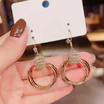 Korean Luxury Women Three-dimensional Ring Earrings Rhinestone Hoop Earrings Shine Crystal Hollow Gold Round Circle Jewelry