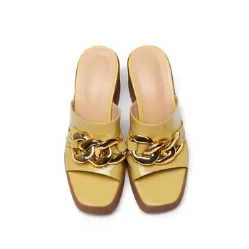 Krazing Pot brändi seksikas täistoimnahk sussid naiste väljas platvorm vintage libiseks metallist ketid, kinnitusdetailid suve kingad