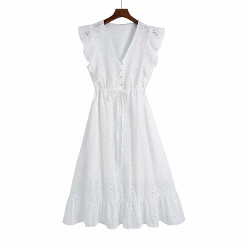 KUMSVAG Naiste Suvel Vintage V-Kaelus Kleit 2021 Ruffles Õõnes Välja Tikandid Naine Elegantne Vibu Kleidid Riided Vestidos OYK2501