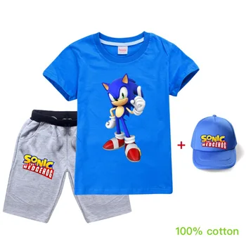 Lapsed Tüdrukud Tops Sätestatud Väikelapse Riideid Sonic Suvel Vaba aja veetmise Kolme-osaline Puuvillane Vabaaja Poiste Riided T-Särk + Lühikesed Pannid +Kork Müts