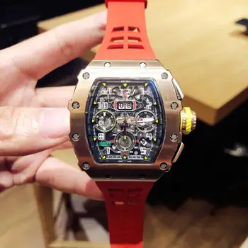 Luxury Brand New Mens Watch RM11 Automaatne Mehaaniline Roostevabast Terasest Must Valge Punane Kummist Klaasi Tagasi