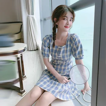 Lühikesed Varrukad Kleit Square Krae Sinine Ruuduline Mini Korea Stiilis Vintage Magus Armas Daamid Mood Pakkumise Elegantne Naiste Stiilne Sobivaks
