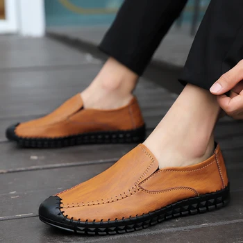 Nahast meeste vabaaja jalatsid käsitöö meeste jalgsi mokassiinkingad ring varba kingad kanda pool kleit kingad suured 48