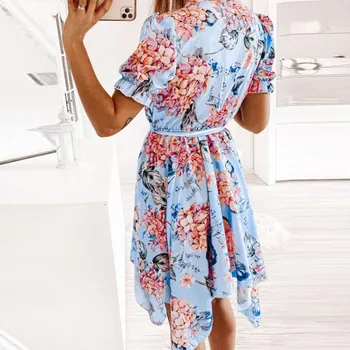 Naiste Kleit Seksikas V-Kaelus Nuppu Suvine Kleit Mood Retro Floral Print Ebaregulaarne Kleit Elegantne Lühike Varrukas Vöö Pits-Kleit Üles