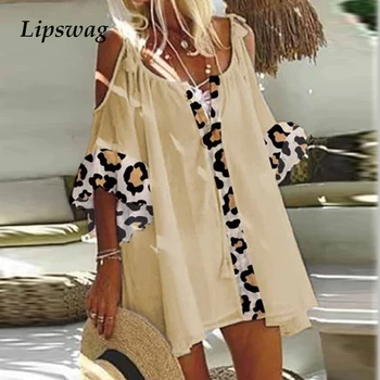 Naiste Sexy Õõnes Läbi Lühikese Varrukaga Kleit 2021 Suvel Elegantne Vabaaja Leopard Segast-Line Kleit Daamid Vabaaja Lahtine Kleit 5XL