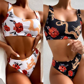 Naiste Ujumisriided 2021 Hiina Draakon Printida Kõrge Vöökoht Ujumistrikood Naiste Rõivad Kaks Tükki Sexy Bikini Set Beach Kanda