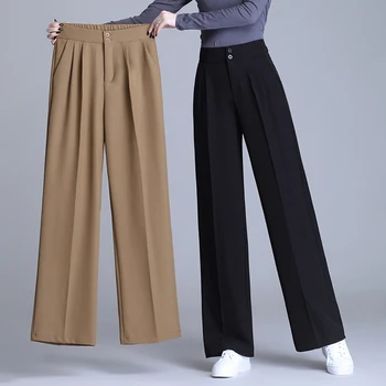 OUMENGKA 2021 Kevadel Uus Office Lady Elegantne Casual Fashion Sirge Lai Jalg Mustad Püksid Täies Pikkuses Püksid Naine Hot Müük