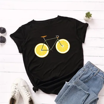 Plus Suurus S-3XL Uus Ratas Lemon Print T-Särk Naistele O Kaela Lühikesed Varrukad Suvel T-Särk Tops Vabaaja Jalgratta Tshirt