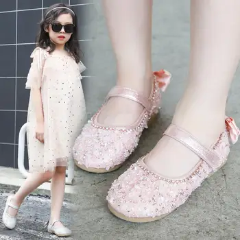 Printsess tüdrukute nahast vabaaja sandaalid flash sandaalid laste tantsu kingad vibu roosa hõbedane tulemuslikkuse kingad