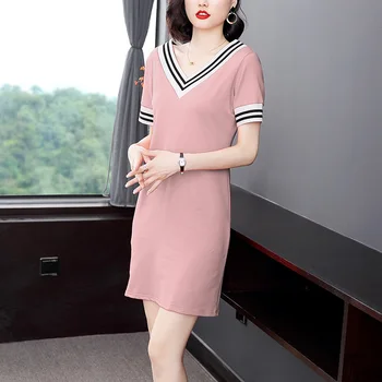 Puhkus Triibuline V-Kaeluse Sirge Puuvill Korea Kleit 2021 Naiste Backless Vabaaja Vestidos Elegantne Lühike Varrukas Põlve Pikkusega Kleit