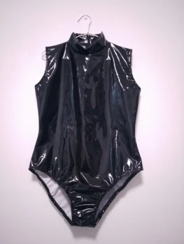 Seksikas PVC Faux Nahast Bodysuit Naised Ühes Tükis Ujumistrikoo Jumpsuits Tõmblukk Läikiv Metallik kõrge kaelusega Varrukateta Body Thong Leotard