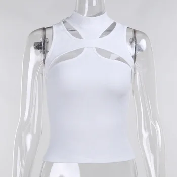 Soonilised Risti Lõigatud Naiste T-Särk Varrukateta Topid Kõrge Kaelusega Bodycon Seksikas Streetwear Elegantne 2021 Suvel Dating Riided