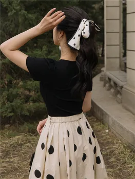 Suvel Kaasaegne Vintage Stiilis Naiste Varustus Korea Disain Puhvis Varrukad Must Elastne Puuvillane Särk Tops & Polka Dot Pikk Seelik Komplekti