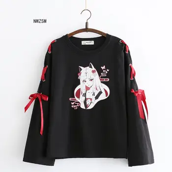 Suvel Naiste riided Anime fox trükitud risti lindi Naiste Lolita Tüdrukute T-särk harajuku kevade Must Top, seelik hupparit