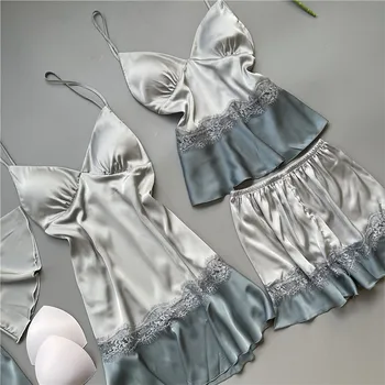 Suvel Pidžaama Naiste Rindkere Pad Nightgowns Rihm Silk Nightdress 4 Tk Komplekt Tops Pikad Varrukad Pijama Mujer Seksikas Pesu