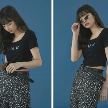 T-särgid, Naiste Hot Müük Square Krael Tikitud Liblikas Magus Slim Tüdrukud korea Suvel Street Lühike Tops