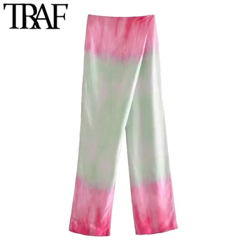 TRAF Naiste Stiilne Mood Tie-Dye Printimiseks Sulatada Lai Jalg Püksid Vintage Kõrge Vöökoht Küljel Tõmblukk Naiste Püksid Mujer