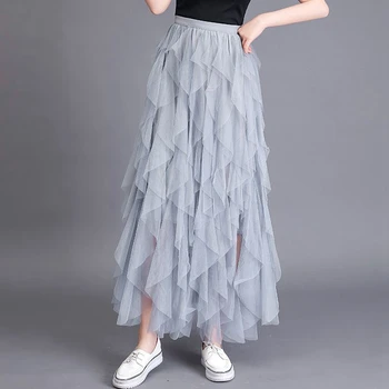 Tutu Tülli Pikk Maxi Seelik Naiste Mood 2021 Korea Armas Roosa Kõrge Vöökoht Plisseeritud Seelik, Mille Võrgusilma Naiste Lady Esteetiline Faldas