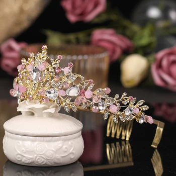Uus roosa crystal crown Trendikas Käsitöö Profileerimine Kuld Pulm Printsess Taira Headpiece Kleit Juuksed Tarvikud Pruudi Ehted