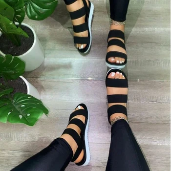 Vabaaja ja mugav kõik-mängu Õõnes kummipaelaga luku alt naiste sandaalid Tahke värv pluss suurus naiste sandaalid