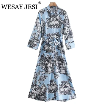 WESAY JESI 2021 Kevadel Blue Print Särk Naiste Kleit Pikk Varrukas Vöö Elegantne Midi Kleidid Naiste Stiilne Lilleline Plisseeritud Vestido