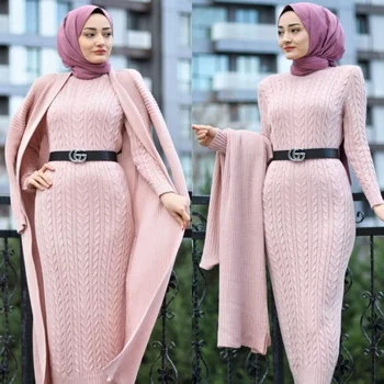 2 Tükki Naiste Komplektid Kootud Kleit + Pikk Kampsun, Moslemi Mood Solid Kahe Sobiks Türgi 2021 Uus Abayas Islami Riided Abaya