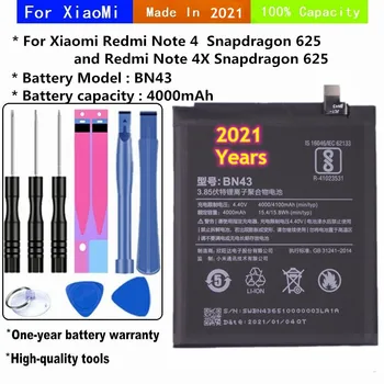 2021 BN43 Aku 4000mAh Jaoks Xiaomi Redmi Märkus 4X / Märkus 4 ülemaailmse Snapdragon 625 High Capacity Batteria + Tööriistad
