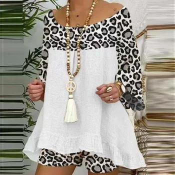 2021 Suvel Pehmed Naiste 2-Osaline Komplekt, Uus Vabaaja Leopard Segast Puuvillast Voodipesu Tops + Elastne Vöökoht Tasku Lühikesed Püksid Sobib Streetwear