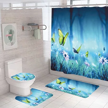 5 Värvi Roos Printida 3D Dušš Kardin Veekindel Polüester Vannituba Kardin Anti-slip Bath Mat Komplekt Wc, Vaibad, Vaip Home Decor