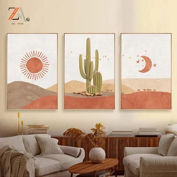 Abstraktse maastiku päike ja kuu stseeni Boho lõuend trükib cactus seina poster art Põhjamaade kõrb seina pilte kodu kaunistamiseks