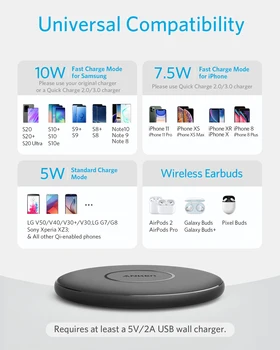 Anker sõda Juhtmeta Laadija, PowerWave Pad Qi Sertifitseeritud 10W Max iPhone SE (2020), 11-seeria, AirPods, (Nr AC Adapter)
