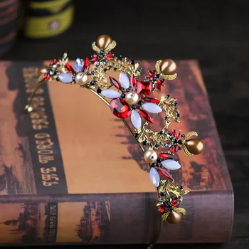 Barokk Vintage Punane Kristall Helmed Morsiamen Tiaras Crown Royal Queen Rhinestone Võistlused Crown Pulm Juuste Aksessuaarid Naistele