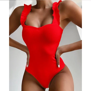 Bodysuits Seksikas Naiste Ujumistrikoo Vintage Ühes Tükis Ruffled Push Up Tahke Punane Naiste Ujumisriided Monokini Polsterdatud Ujumispüksid M0711