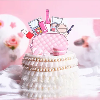DIY Paber Happy Birthday Cake Toppers Roosa Kosmeetika Kott Küünelakk emadepäeva Cake Toppers jaoks Sünnipäeva Kook Teenetemärgi